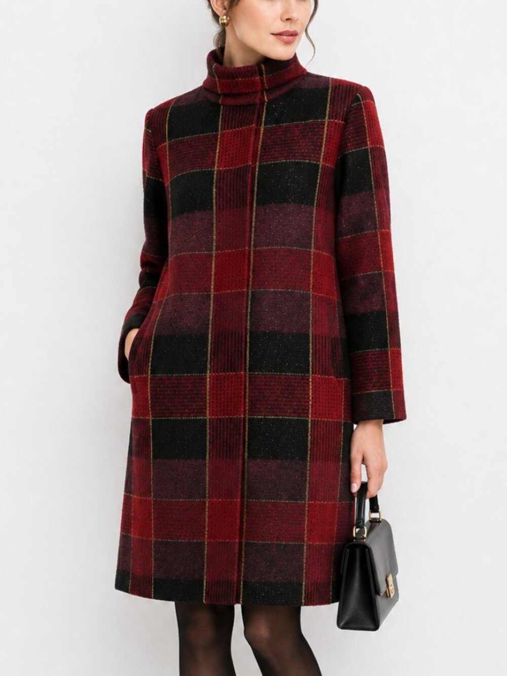 Oriana Plaid Coatigan Alpaca Blend Maroon Black High Neck Mod Knit Long Coat